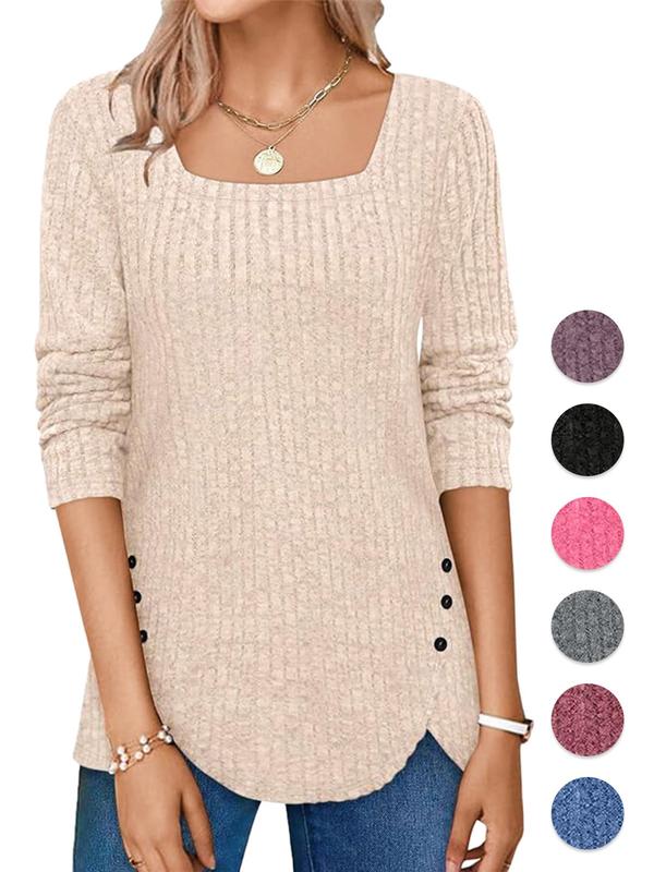Women's Plain Buttons Wrap Ribbed Knit Top, Casual Long Sleeve Square Neck Sweater for Spring & Fall,  Clean Girl Tops for School Fashion Women's Knit Clothing for Daily Wear, Fall Outfits, Fallfreshness