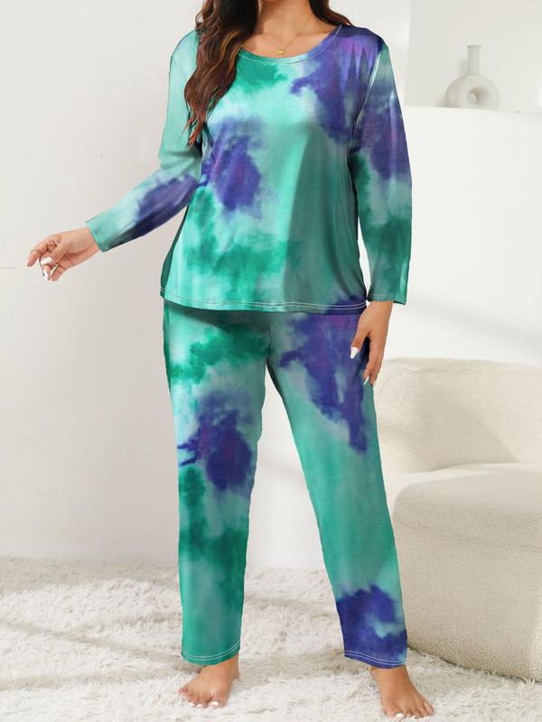  Tie Dye Print Tee & Pants Loungewear Set, Casual Comfy Round Neck Long Sleeve Top & Trousers PJ Set, Women's Sleepwear for Spring & Fall