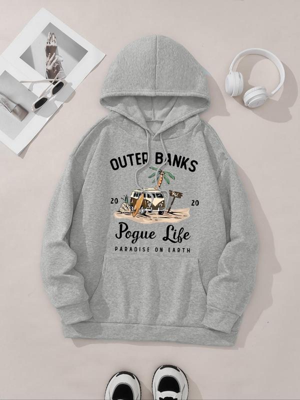 Women's Letter & Car Print Drop Shoulder Hoodie, Fashion Casual Drawstring Pocket Hooded Sweatshirt for Daily Holiday Outdoor Wear, Ladies Clothes for Fall & Winter