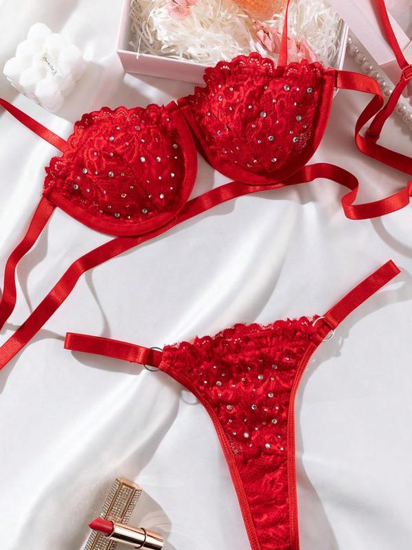 Women's Rhinestone Decor Lace Sexy Lingerie Set, Adjustable Strap Cut Out Bra & Thong Set, Lingerie Set for Women