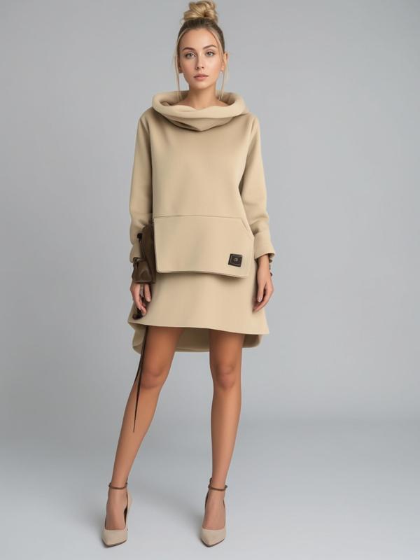 Women's Solid Patched Pocket High Low Hem Dress, Casual Long Sleeve High Neck Dress for Fall & Winter, Women's Clothing for Daily Wear