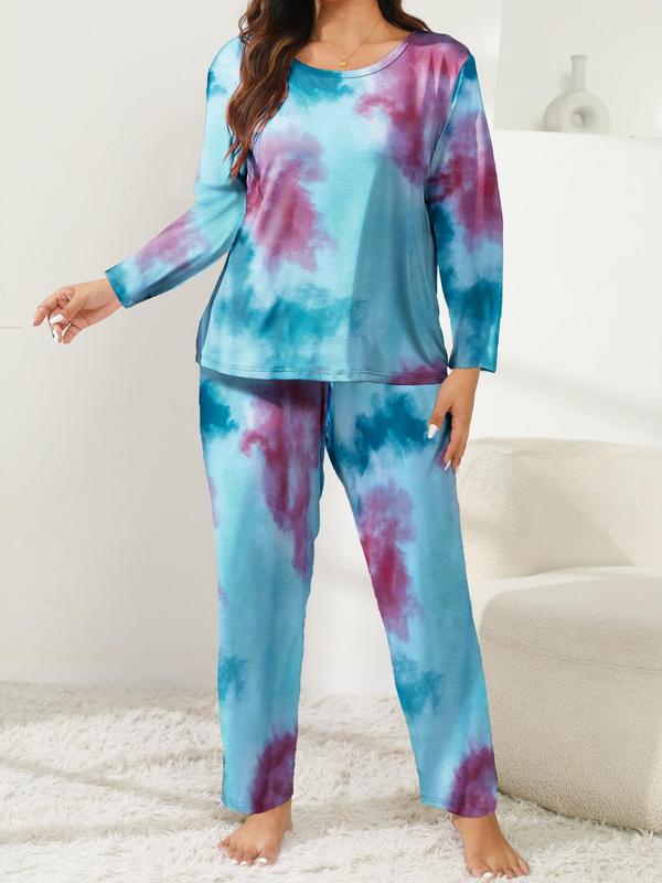  Tie Dye Print Tee & Pants Loungewear Set, Casual Comfy Round Neck Long Sleeve Top & Trousers PJ Set, Women's Sleepwear for Spring & Fall