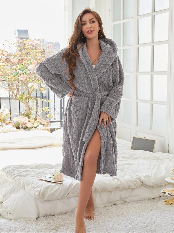 Women's Solid Color Belted Hooded Lounge Robe, Casual Long Sleeve Pocket Design Bathrobe, Ladies Sleepwear for Winter, Fall Wear, Fallfreshness, Robe for Women