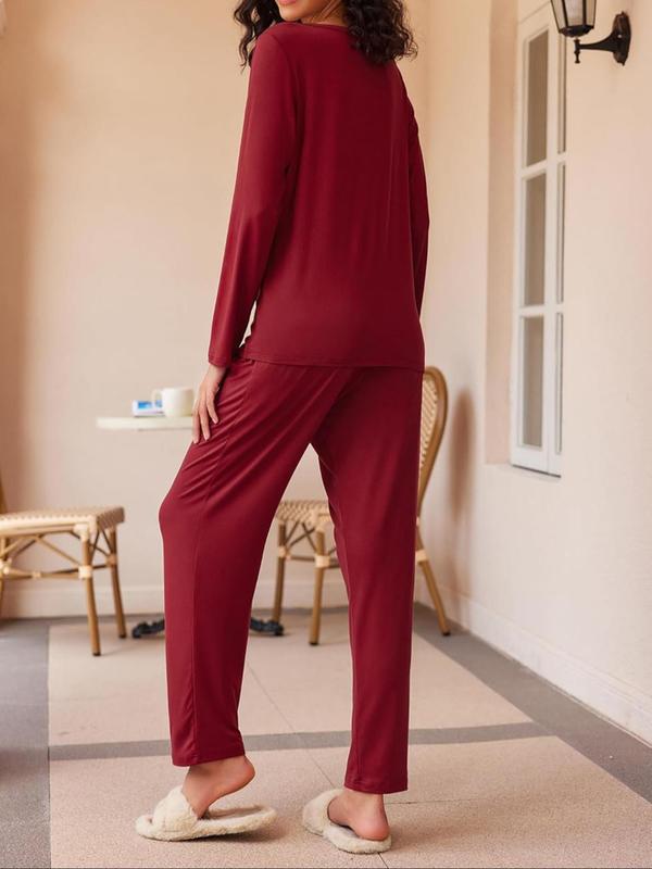 Women's Solid Color   All Over Print Long Sleeve Tee & Pants Loungewear Set, Casual Comfy Round Neck Top & Trousers Pj Set, Ladies Sleepwear for Spring & Fall