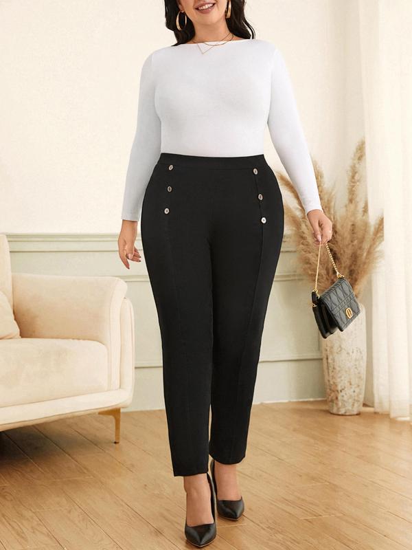 CURVZY Plus Size Solid Fake Buttons Decor Pencil Pants, Casual Comfy Trousers for Daily Wear, Women's Bottoms for All Seasons