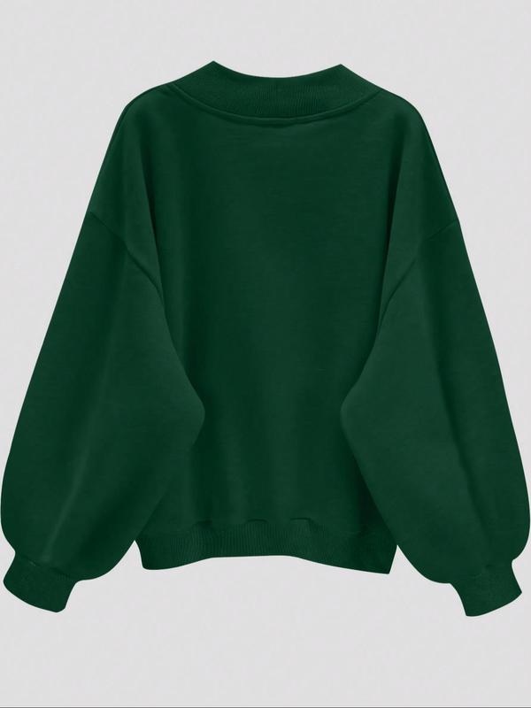 Women's Solid Color V Neck Sweatshirt, Casual Loose Long Sleeve Drop Shoulder   Pullover for Fall & Winter, Women's Clothing for Daily Wear