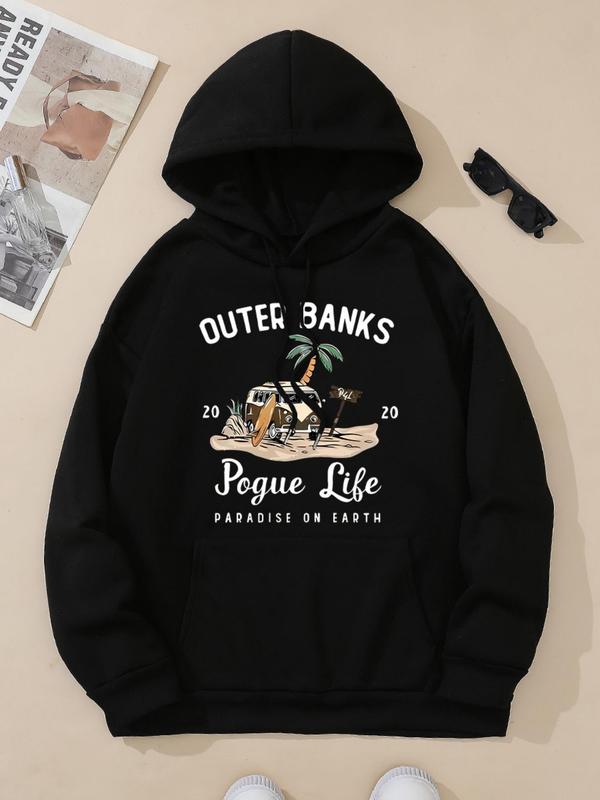 Women's Letter & Car Print Drop Shoulder Hoodie, Fashion Casual Drawstring Pocket Hooded Sweatshirt for Daily Holiday Outdoor Wear, Ladies Clothes for Fall & Winter