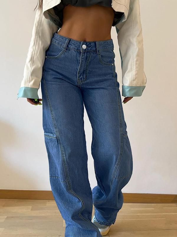 Women's Plain Button Fly Pocket Straight Leg Jeans, Casual Comfy Denim Trousers for Daily Wear,  Pants for Women, Ladies Bottoms for All Seasons