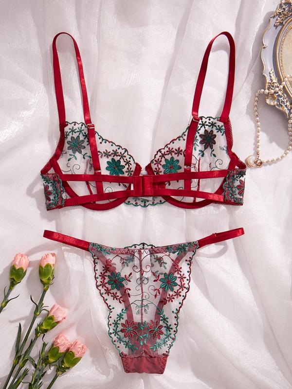 Women's Floral Embroidery Bra & Panty Two-piece Set, Sexy Comfy Breathable Lingerie Set for Daily Wear, Women's Underwear Set for All Seasons
