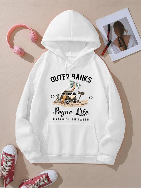 Women's Letter & Car Print Drop Shoulder Hoodie, Fashion Casual Drawstring Pocket Hooded Sweatshirt for Daily Holiday Outdoor Wear, Ladies Clothes for Fall & Winter