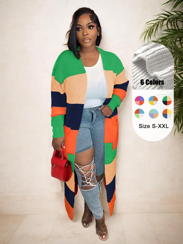 Women's Colorblock Striped Print Pocket Longline Cardigan, Cardigans for Women, Casual Drop Shoulder Long Sleeve Open Front Knitwear for Fall & Winter, Cardigan for Women, Women's Knit Clothing for Daily Wear