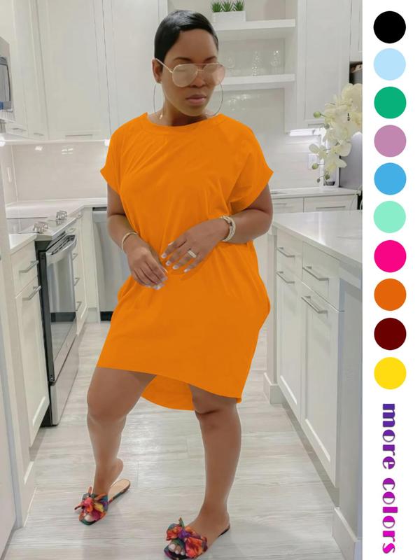 Christmas Deals Women's Plain High Low Round Neck Short Tee Dress, Soft Lady Casual Solid Comfort Loose Pocket Short Sleeve Dress for Fall, Women's Dress for Outdoor Wear, Birthday Dress for Women, Christmas 2024 Trend, Fall & Winter Clothes