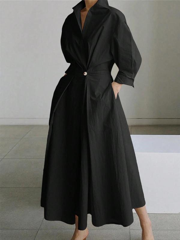 Women's Plain Plicated Button Front Wrap A Line Dress,  Vintage Girly Clothes Casual Tie Inside Collared Long Dress for Spring & Fall, Women's Clothing for Daily Wear