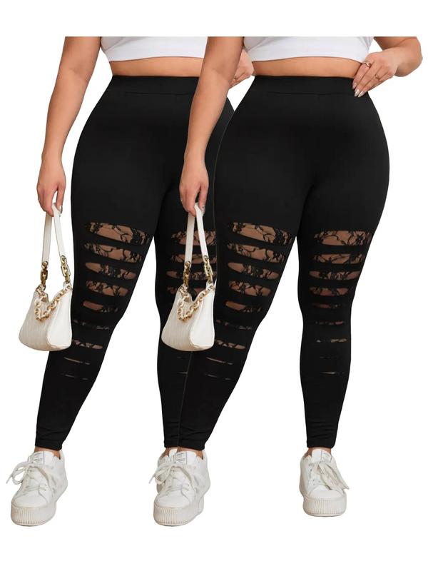 Plus Size Contrast Lace Sheer Leggings, Casual High Waist Skinny Pants for Daily Wear, Women's Bottoms for Fall