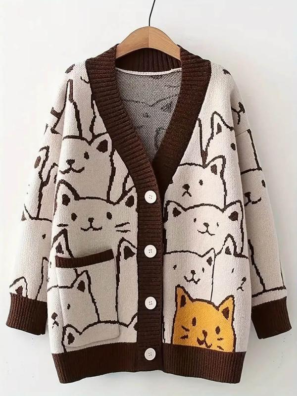 Women's Cartoon Cat Print V Neck Cardigan, Casual Long Sleeve Button Front Knitwear for Fall & Winter, Fashion Ladies' Knit Clothing for Daily Wear
