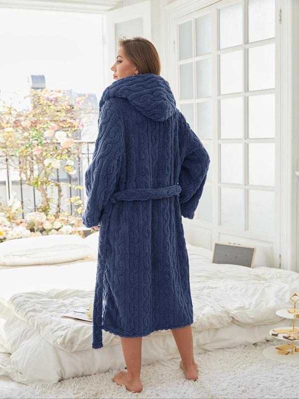 Women's Solid Color Belted Hooded Lounge Robe, Casual Long Sleeve Pocket Design Bathrobe, Ladies Sleepwear for Winter, Fall Wear, Fallfreshness, Robe for Women