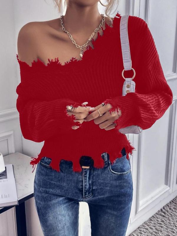 Women's Plain One Shoulder Drop Shoulder Sweater, Casual Long Sleeve Raw Hem Jumper for Daily Outdoor Wear, Ladies Knitwear for All Seasons