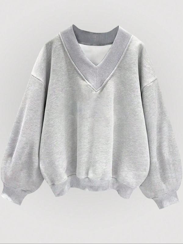 Women's Solid Color V Neck Sweatshirt, Casual Loose Long Sleeve Drop Shoulder   Pullover for Fall & Winter, Women's Clothing for Daily Wear