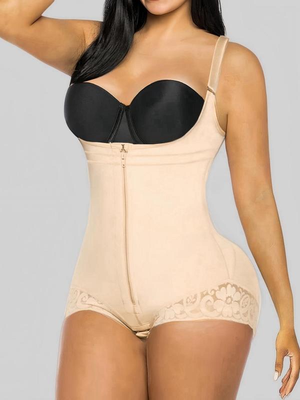 Women's Contrast Lace Zipper Shapewear Bodysuit, Adjustable Strap Tummy Control Butt Lifter Shaper, Women's Shapewear for All Seasons