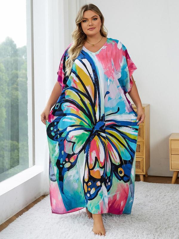  Ethnic Pattern Batwing Sleeve Kaftan Dress, Casual Boho V Neck Split Hem Dress, Dress in Club, Dresses for Women, Summer Dresses 2024, Summer Outfits 2024, Lady Swimwear for Summer Beach Vacation Black Girl Outfits Moo Moo Dresses