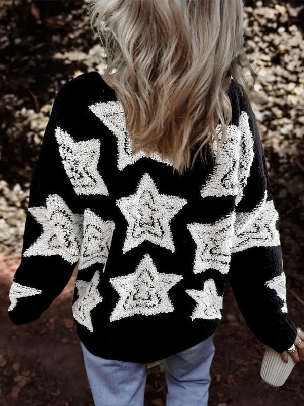 Women's Star Jacquard Button Front Pocket Cardigan, Casual Drop Shoulder V Neck Knitwear for Fall & Winter, Fashion Ladies' Knit Clothing for Daily Wear, Preppy 80s Clothes