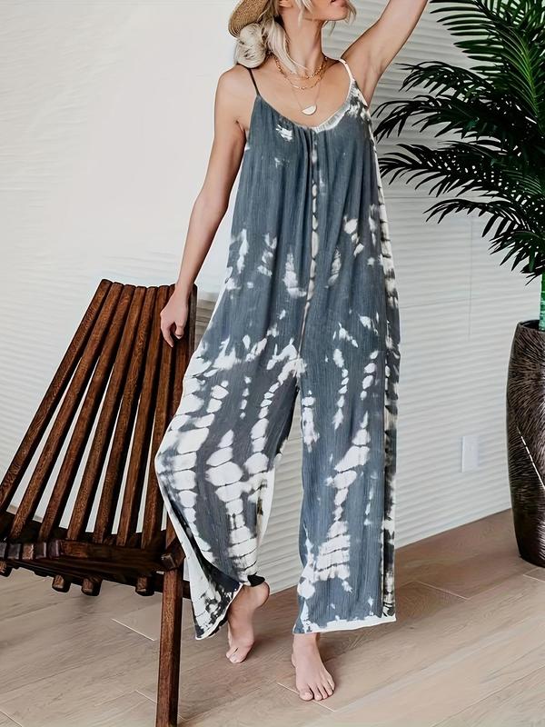Women's Tie Dye Leopard Print Pocket Backless Cami Jumpsuit, Casual Adjustable Strap Ruched Wide Leg Jumpsuit, Spaghetti Strap One-Piece Outfits, Ladies Summer Clothes for Beach Vacation Back To School