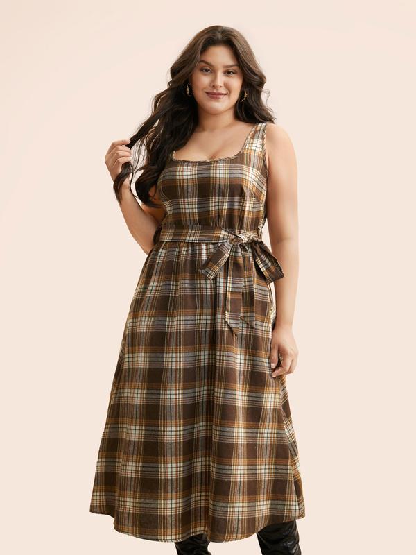 BloomChic Square Neck Plaid Belted Dress