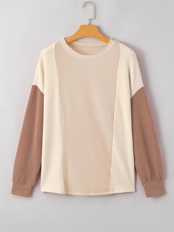 Women's Colorblock Ribbed Knit Sweater, Casual Long Sleeve Crew Neck Jumper for Fall & Winter, Fashion Ladies' Knitwear for Daily Wear