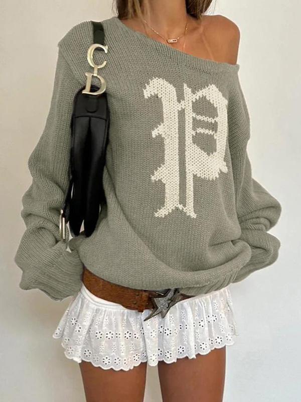 Women's Letter Print Drop Shoulder Sweater, Casual Asymmetrical Neck Long Sleeve Jumper for Fall & Winter, Sweaters for Women, Women's Winter Sweaters 2024, Fashion Ladies' Knitwear for Daily Wear