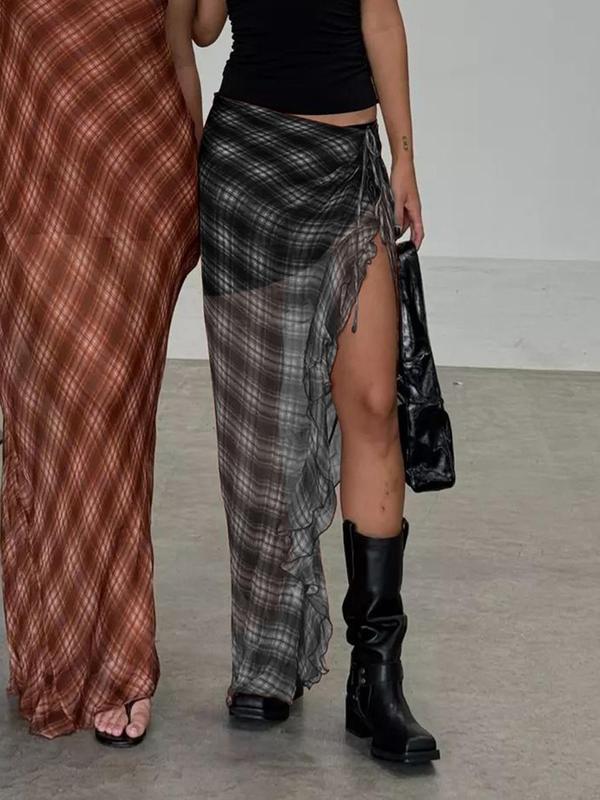 Women's Plaid Print Drawstring Split Thigh Skirt, Casual Fashion Ruffle Hem Sheer Maxi Skirt for Daily Outdoor Wear, Ladies Bottoms for All Seasons