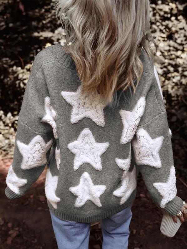 Women's Star Jacquard Button Front Pocket Cardigan, Casual Drop Shoulder V Neck Knitwear for Fall & Winter, Fashion Ladies' Knit Clothing for Daily Wear, Preppy 80s Clothes