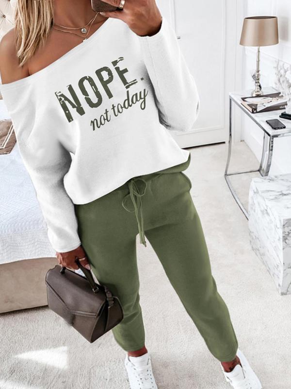  Letter Print Drop Shoulder Tee & Drawstring Waist Pants Two-Piece Set, Casual Fashion Cozy Long Sleeve Boat Neck Top & Pocket Trousers for Daily Outdoor Wear, Women's Clothing for Fall