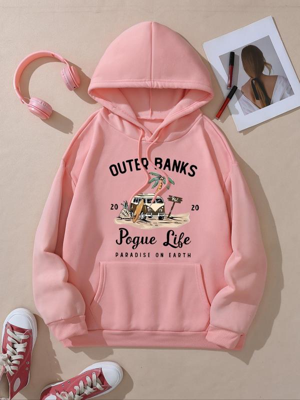Women's Letter & Car Print Drop Shoulder Hoodie, Fashion Casual Drawstring Pocket Hooded Sweatshirt for Daily Holiday Outdoor Wear, Ladies Clothes for Fall & Winter