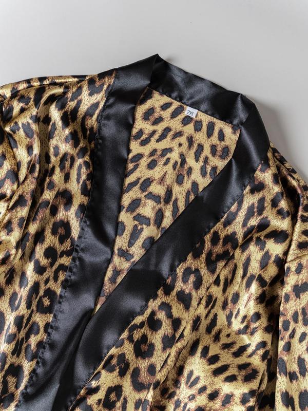Plus Size Leopard Print Contrast Binding Belted Wrap Robe, Elegant Long Sleeve V Neck Satin Robe for Women, Women's Sleepwear for All Seasons, Fall Wear, Fallfreshness Clothes