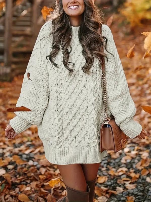 Women's Minimalist Plain Round Neck Raglan Sleeve Sweater Dress, Long sleeves Cable Knit Dress for Fall, Knitwear for Daily Wear, Basic Womenswear, Winter, fall dresses Lady, thanksgiving outfits, christmas dress