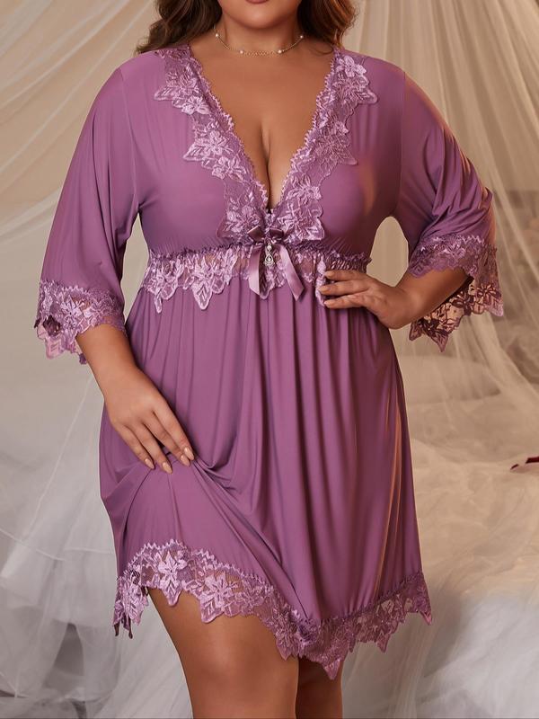  Floral Lace Bow Front Nightdress, Casual Soft Comfortable Deep V Neck 3 4 Sleeve Nightgown for Women, Women's Sleepwear for All Seasons
