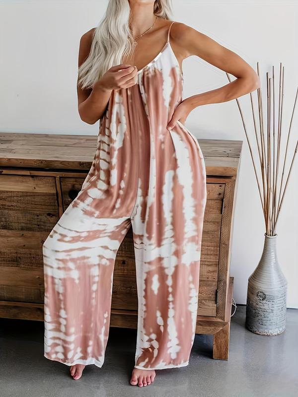 Women's Tie Dye Leopard Print Pocket Backless Cami Jumpsuit, Casual Adjustable Strap Ruched Wide Leg Jumpsuit, Spaghetti Strap One-Piece Outfits, Ladies Summer Clothes for Beach Vacation Back To School