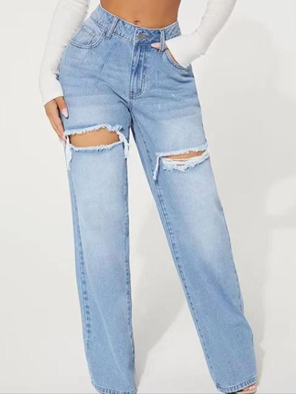 Women's Denim-Effect Print Ripped Wide Leg Pants, Casual Pocket Button Fly Trousers for Daily Wear, Ladies Bottoms for All Seasons