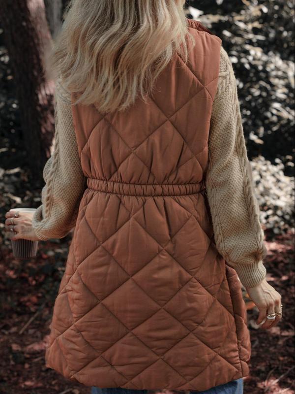Women's Solid Button Front Pocket Zipper Vest, Casual Thermal Long Sleeve Collared Outerwear for Fall & Winter, Women's Clothes for Daily Wear