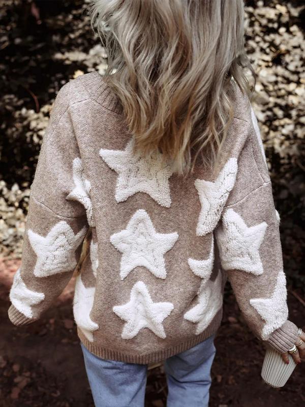 Women's Star Jacquard Button Front Pocket Cardigan, Casual Drop Shoulder V Neck Knitwear for Fall & Winter, Fashion Ladies' Knit Clothing for Daily Wear, Preppy 80s Clothes