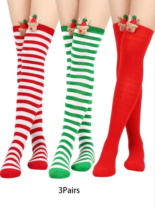 4 Pairs Christmas High Thigh Socks Women's Plain Striped Print Over The Knee Socks, Casual Comfy Breathable Halloween Pumpkin Decor High Stretch Socks for Holiday Party, Ladies Socks for Fall & Winter