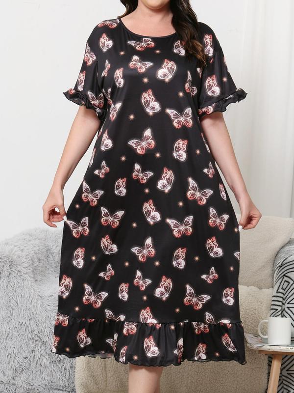 Plus Size All Over Print Ruffle Hem Nightdress, Casual Flounce Sleeve Round Neck Nightgown, Summer Clothes Women, Lady Summer Homewear