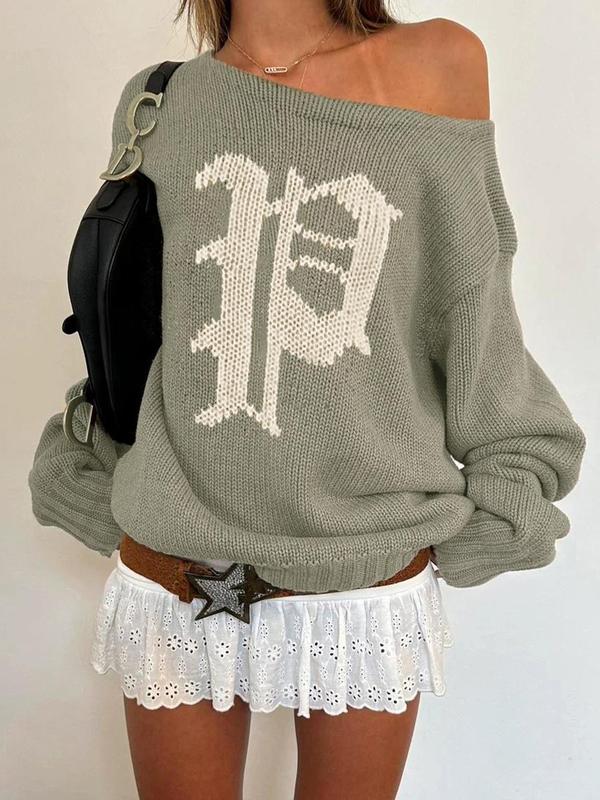 Women's Letter Print Drop Shoulder Sweater, Casual Asymmetrical Neck Long Sleeve Jumper for Fall & Winter, Sweaters for Women, Women's Winter Sweaters 2024, Fashion Ladies' Knitwear for Daily Wear