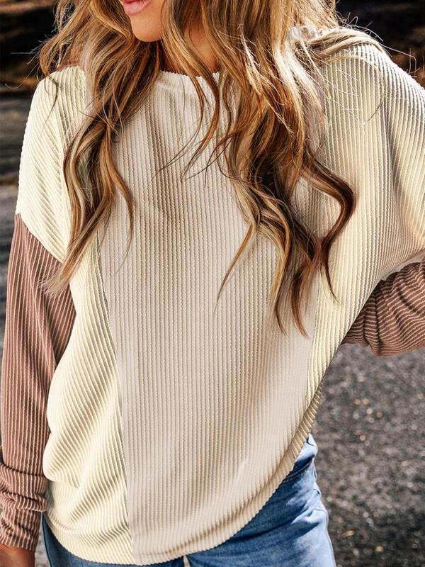 Women's Colorblock Ribbed Knit Sweater, Casual Long Sleeve Crew Neck Jumper for Fall & Winter, Fashion Ladies' Knitwear for Daily Wear