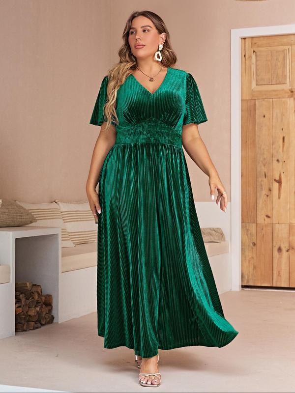  Plain Shirred Butterfly Sleeve A Line Dress, Elegant Short Sleeve V Neck Long Dress for Party Holiday Wedding Guest, Women's Clothes for Summer