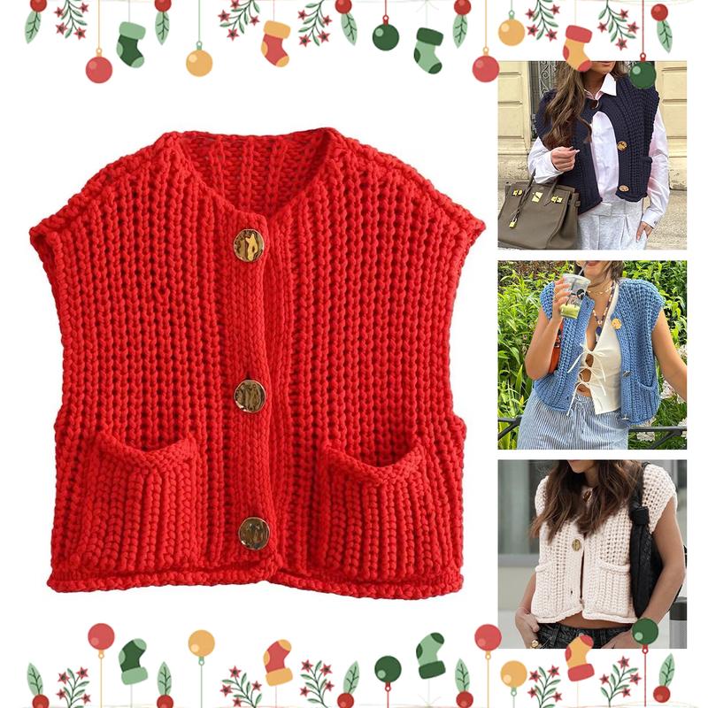 Sleeveless Cropped Cardigan for Women Casual Chunky Knit Tank Tops Button Down Open Front Sweater Vest with Pockets