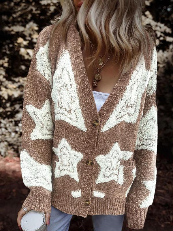 Women's Star Jacquard Button Front Pocket Cardigan, Casual Drop Shoulder V Neck Knitwear for Fall & Winter, Fashion Ladies' Knit Clothing for Daily Wear, Preppy 80s Clothes