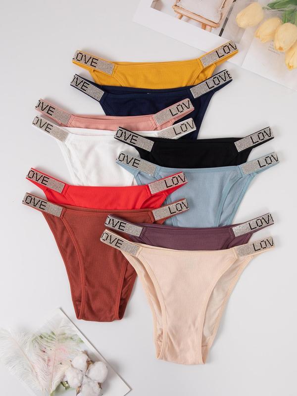 Women's Letter Rhinestone Decor High Cut Knicker, Casual Comfy Breathable Panty, Ladies Underwear for All Seasons Daily Wear