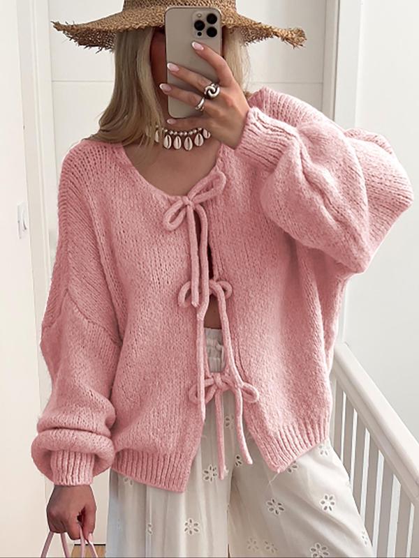 Women's Plain Tie Front Drop Shoulder Cardigan, Casual Long Sleeve V Neck Knitwear for Daily Wear, Ladies Clothes for All Seasons