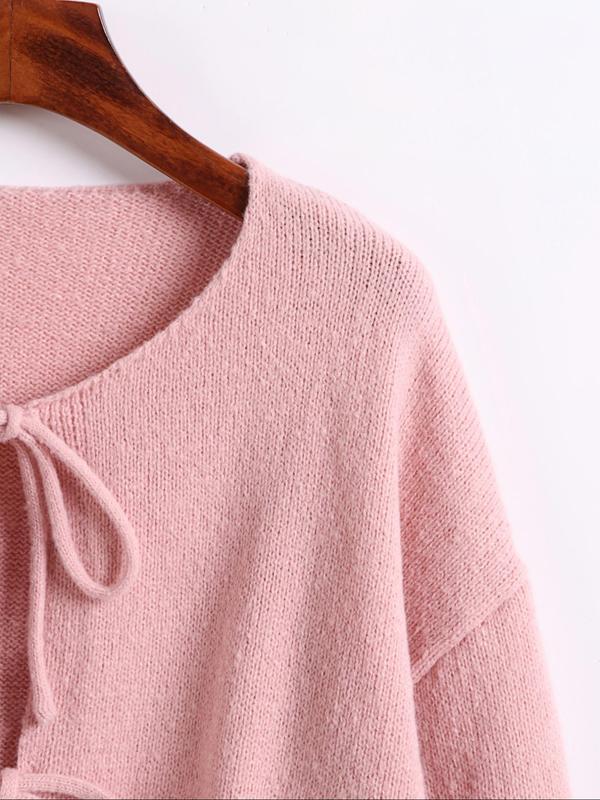 Women's Plain Tie Front Drop Shoulder Cardigan, Casual Long Sleeve V Neck Knitwear for Daily Wear, Ladies Clothes for All Seasons